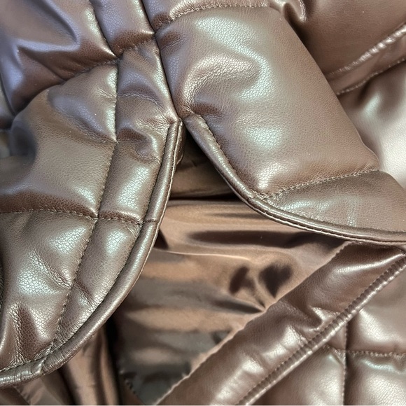 Calvin Klein Longline Faux Leather Brown Puffer Jacket Size L - Picture 9 of 12
